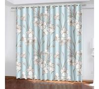 Rideau Branche de Fleur Minimaliste - Rideau Occultant Thermiques Fond Bleu Menthe, Lot de 2 Rideaux à Oeillets pour Decoration Chambre Salon, Draperies Intérieurs Fenetre, 117x137cm (LxH)