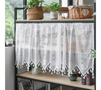 Rideau brise-bise transparent avec broderie style maison de campagne bohème, court, broderie creuse, pour salle à manger, salle de bain, petite fenêtre, 1 pièce, l x H 130 x 60 cm, blanc