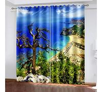 Rideau Chambre 3D Paysage D'Arbres De Plage Bleue Imprimé - Rideaux Occultants À Oeillets, Salon Chambre Enfant Cuisine Fenêtre Décoration, Lot De 2 Draperies Isolant Thermique Et Sonore 280X