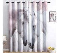 Rideau Coupure électrique Gros Plan Animal Cheval Et Fleurs 85L X 200H cm (2 Panneaux) Blanc Et Rose, Rideau Occultant Thermiques à Oeillets pour Salon Chambre Décoration De Fenêtre