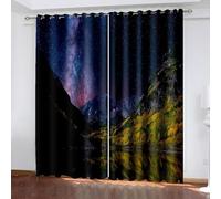 Rideau Cuisine Automne, Rideau Occultant Fenetre Bleu Violet Vert Paysage de forêt de Montagne avec Ciel Étoilé Polyester 2 Panneaux 274x229cm