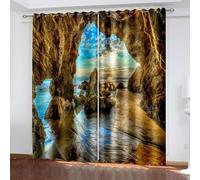 Rideau Cuisine, Rideau Salon Occultant Marron Bleu Paysage de Grottes Marines Polyester Lot de 2 172x160cm