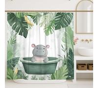 Rideau de bain motif hippopotame mignon, feuilles vertes tropicales, décoration de salle de bain, rideau de douche de style jungle d'été avec crochets, motif animal amusant pour chambre d'enfant, 183