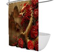 Rideau de Bain pour créature Orientale Mythique, élégant Fleurs Rouge Dragon et Rideau de Douche Montagnes, Tissu Polyester imperméable Easy Care 150 x 200 cm