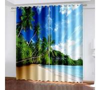 Rideau de Cuisine Long Vintage, Rideau Occultant Bleu Vert Paysage de Cocotiers en Bord de Mer Polyester Lot de 2 204x183cm