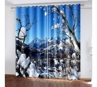 Rideau de Cuisine Vintage, Rideau Occultant Chambre Gris Bleu Polyester Paysage du Village de Snow Mountain 96L x 229H CM Lot de 2