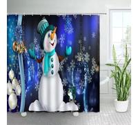 Rideau de Douche 150X180 « Joyeux Noël »,Motif Dessin Animé,Chapeau Bleu,Bonhomme de Neige,Flocon de Neige,Décoration de Salle de Bain,Rideau de Salle de Bain Bleu Imperméable À Séchage Rapid