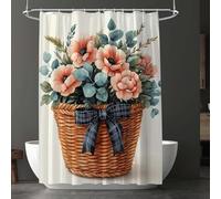 Rideau de Douche 180 x 200 cm, Rideaux de Douche Fleur Lavable avec 12 Crochets, Imperméable Rideaux Panier de fleurs, Facile à Nettoyer, Séchage Rapide Rideau, pour Décoration Baignoire D-3905