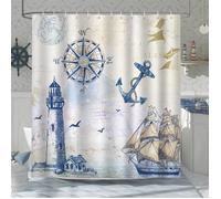 Rideau de douche 180 x 200 cm thème marin, tissu polyester lavable, imperméable avec 12 crochets .