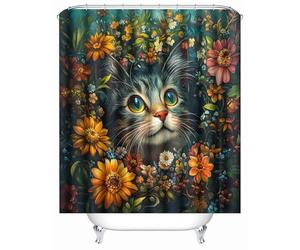 Rideau de Douche 180x200 cm Anti Moisissure 3D Mignon Animal Chat Fleurs Motif Lavable Imperméable Polyester Tissu Rideau de Baignoire avec Crochets pour Salle de Bain Cabine de Douche Hôtel