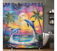 Rideau de Douche 180x200 cm Dauphin Cocotier Vue Lune Imperméable, Lavable, Tissu Polyester Anti-Moisissure avec 12 Crochets pour Baignoire et Salle de Bain