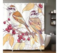 Rideau de Douche 180x200 cm Oiseaux Mésange Arbre à Baies Imperméable, Lavable, Tissu Polyester Anti-Moisissure avec 12 Crochets pour Baignoire et Salle de Bain