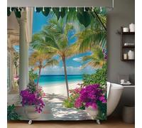 Rideau de Douche 180x200 cm Palmiers avec Vue sur la mer Imperméable, Lavable, Tissu Polyester Anti-Moisissure avec 12 Crochets pour Baignoire et Salle de Bain