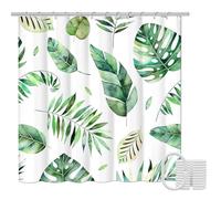 Rideau de Douche 180x200cm, Anti Moisissure, Imperméable, Polyester, Rideau Douche Tissus Lavable avec 12 Crochets, Vert Feuilles Plantes, Rideau de Baignoire Salle de Bain, Largeur Mur 136-155cm