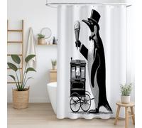 Rideau de Douche 200 x 200 cm, 1 Panneau, Microfibre Douce, Anti-Moisissure et Imperméable, Lavable, pour Salle de Bains, avec Œillets et Crochets, Blanc, Petit pingouin en smoking avec glace