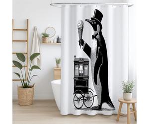 Rideau de Douche 240 x 200 cm, 1 Panneau, Microfibre Douce, Anti-Moisissure et Imperméable, Lavable, pour Salle de Bains, avec Œillets et Crochets, Blanc, Petit pingouin en smoking avec glace