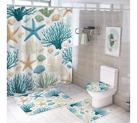 Rideau de douche 4 pièces, motif étoiles de mer, coquillages et coraux, 183 cm x 183 cm, tapis antidérapant pour couvercle de toilette et tapis en forme de U, ensemble de décoration de salle de bain