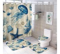 Rideau de douche 4 pièces motif étoiles de mer, méduses, coquillages et coraux (183 cm x 183 cm), couvre-abattant de toilette antidérapant, tapis en forme de U et ensemble de décoration de salle de b