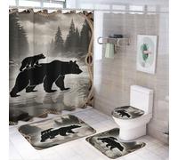 Rideau de douche 4 pièces motif famille d'ours en galets (183 x 183 cm), couvre-abattant de toilette antidérapant, tapis en forme de U et ensemble de décoration de salle de bain rustique en corde et