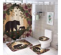 Rideau de douche 4 pièces motif ours et ourson, vigne et arbre (183 cm x 183 cm), tapis antidérapant pour couvercle de toilette et tapis en forme de U, ensemble de décoration de salle de bain vert ch