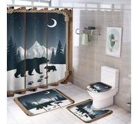 Rideau de douche 4 pièces motif ourson et patte de montagne (183 x 183 cm), tapis antidérapant pour couvercle de toilette et tapis en forme de U, ensemble de décoration de salle de bain « Lune mystiq