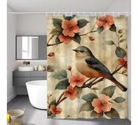 Rideau de Douche 90x180 cm, Rideau Douche Oiseau, Shower Curtain, Tissu Polyester Lavable, Rideaux de Baignoire Imperméable Rideaux Fleur, Séchage Rapide, Curtains Salle de Bain avec Crochets D-1462