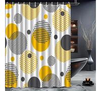 Rideau de Douche à Motif Circulaire Artistique avec Crochets, Design géométrique Moderne Jaune, Noir et Blanc, séparateur de Salle de Bain (150 x 180 cm/Anti-moisissure)