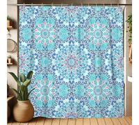 Rideau de douche à motif mandala, bleu aqua pêche, rideau de douche pour décoration de salle de bain, ensemble de rideau de douche bohème moderne en tissu imperméable avec crochets de 183 x 198 cm