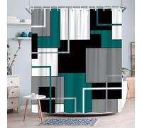 Rideau de douche abstrait moderne,œuvre d'art numérique avec formes géométriques noires,blanches,turquoise et grises,rideau de douche minimaliste pour la décoration de salle de bain/182 x 182 cm/L x H