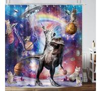 Rideau de douche amusant avec motif chat sympa, animaux chevauchant des dinosaures sur l'univers fantastique, galaxie, espace, OVNI pour garçons et enfants, ensemble de rideaux de douche en tissu