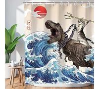 Rideau de douche amusant chat dinosaure japonais vague océanique Ensemble de rideaux de douche amusants en polyester imperméable lavable Rideaux décoratifs pour salle de bain 183 x 183 cm avec 12