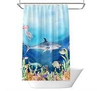 Rideau de Douche Anti Moisissure 240x200 cm, Rideau Douche Bleu Imperméable Tissu Polyester Lavable Requin Méduse Corail Rideaux de Baignoire avec Ourlet Inférieur Lesté et Crochets (LB1078)