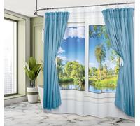 Rideau de Douche Anti Moisissure 80x180 Scène de Fenêtre Bleue Rideau de Douche Tissu Imperméable Lavable Paysage 3D Rideaux Baignoire Salle de Bain A.919