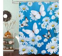 Rideau de Douche Anti Moisissure et Imperméable, Polyester Shower Curtain Bleu Lavable avec Ourlet Inférieur Lesté, Rideaux Douche Blanc avec Œillets Antirouille et 12 Crochets, 90x200 cm J8-402