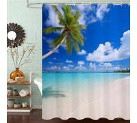 Rideau de Douche Anti Moisissure et Imperméable, Polyester Shower Curtain Bleu Lavable avec Ourlet Inférieur Lesté, Rideaux Douche Océan avec Œillets Antirouille et 12 Crochets, 180x190 cm J8-409