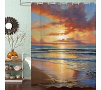 Rideau de Douche Anti Moisissure et Imperméable, Polyester Shower Curtain Coucher de Soleil Lavable avec Ourlet Inférieur Lesté, Rideaux Douche Océan avec Œillets et 12 Crochets, 90x200 cm J8-442