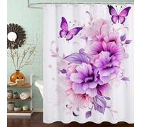 Rideau de Douche Anti Moisissure et Imperméable, Polyester Shower Curtain Fleur avec Ourlet Inférieur Lesté, Rideaux Douche Papillon avec Œillets et 12 Crochets,Lavable en Machine, 120 x 200 cm J8-310
