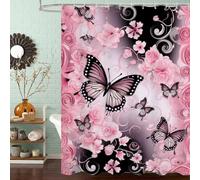 Rideau de Douche Anti Moisissure et Imperméable, Polyester Shower Curtain Rose Lavable avec Ourlet Inférieur Lesté, Rideaux Douche Papillon avec Œillets Antirouille et 12 Crochets, 90x200 cm J8-161