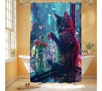 Rideau de Douche Anti Moisissure, Fleur Rideau Douche 120x120 cm Imperméable Tissu Lavable en Machine Polyester Shower Curtain avec 12 Crochets pour Hôtel, Decoration Jardin Exterieur, Chat 6H-252