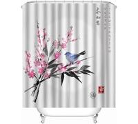 Rideau de Douche Anti Moisissure Fleurs de Cerisier Japonais Rideau Douche 120 x 200 Motif D'oiseau Shower Curtain 3D Imperméable Tissu Polyester Rideaux Baignoire Salle de Bain avec Crochets A/775