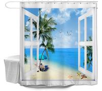 Rideau de Douche Anti Moisissure Palmiers Tropicaux Rideau Douche 200x200 Vue sur La Plage Shower Curtain 3D Imperméable Tissu Polyester Rideaux Baignoire Salle de Bain avec Crochets D-591