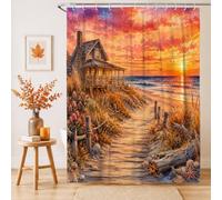 Rideau de douche aquarelle avec coucher de soleil côtier, plage, cottage, 137,2 x 198,1 cm