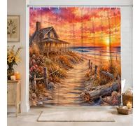 Rideau de douche aquarelle avec coucher de soleil côtier, plage, cottage, 183 x 183 cm