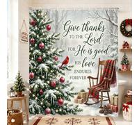 Rideau de douche arbre citation religieuse de Noël 182,9 x 213,4 cm | Cardinal Bird, fauteuil à bascule à carreaux, citation religieuse, scène de forêt d'hiver, décoration d'intérieur saisonnière