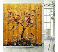 Rideau de Douche Arbres en Fleurs Tissu Polyester Rideau de Bain Oiseau Bleu Anti Moisissure Imperméable Rideau Douche 90x200 cm pour Salle de Bain avec Crochets A.219