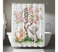 Rideau de Douche AUWUUAI 90 x 200 cm Motif Chat Mignon, Motif Animal de Compagnie, Cerisier Rose, Motif Floral, Motif Aquarelle, Tissu imperméable