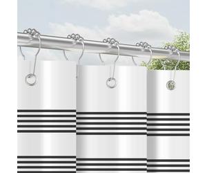 Rideau de douche avec anneaux en métal 120x200 cm Noir à rayures, Ourlet lesté anti-moisissure en textile, imperméable, lavable en polyester Ensemble de rideaux de bain avec œillets pour salle de bain