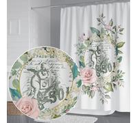 Rideau de douche Blanc lavable en machine de joli motif petit ange | superb motif floral ideal pour rideau de salle d'eau avec 12 anneaux inclus | Rideau douche tissu 180x200 en polyester décoratif