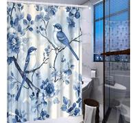 Rideau de Douche Bleu et Blanc Motif Oiseaux - Tissu Polyester, décoration de Salle de Bain avec Deux Oiseaux sur Une Branche et des Fleurs en Fleurs 90x150cm/Largeur x Hauteur