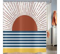 Rideau de douche boho 150x180, Hnmdmyi Mid Century Abstrait Coucher de soleil Lever de soleil Rayures Océan Paysage Rideau de baignoire Moderne Minimaliste Géométrique Imperméable Tissu Rideau de bain